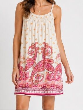 Soma Cream Mini Dress with Pink Paisley Border